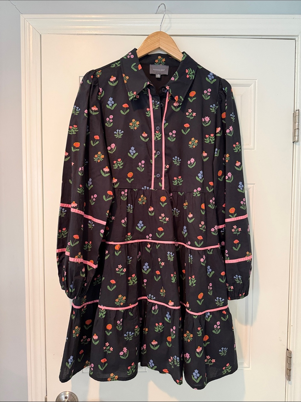 Hudson Gray Navy Floral Collared Mini Dress with Pink Trim